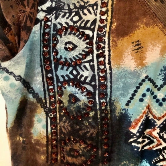 Forbidden Tee brown blue Princess shoulder cap sleeve sparkles beads size Large - Picture 4 of 11